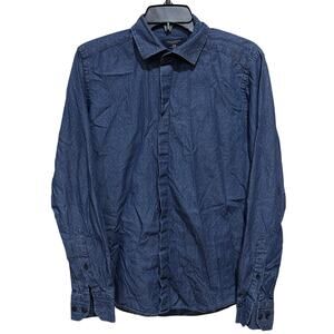 Paulmark Shirt Men Size M Blue All Over Print 100% Cotton Slim Fit Preppy